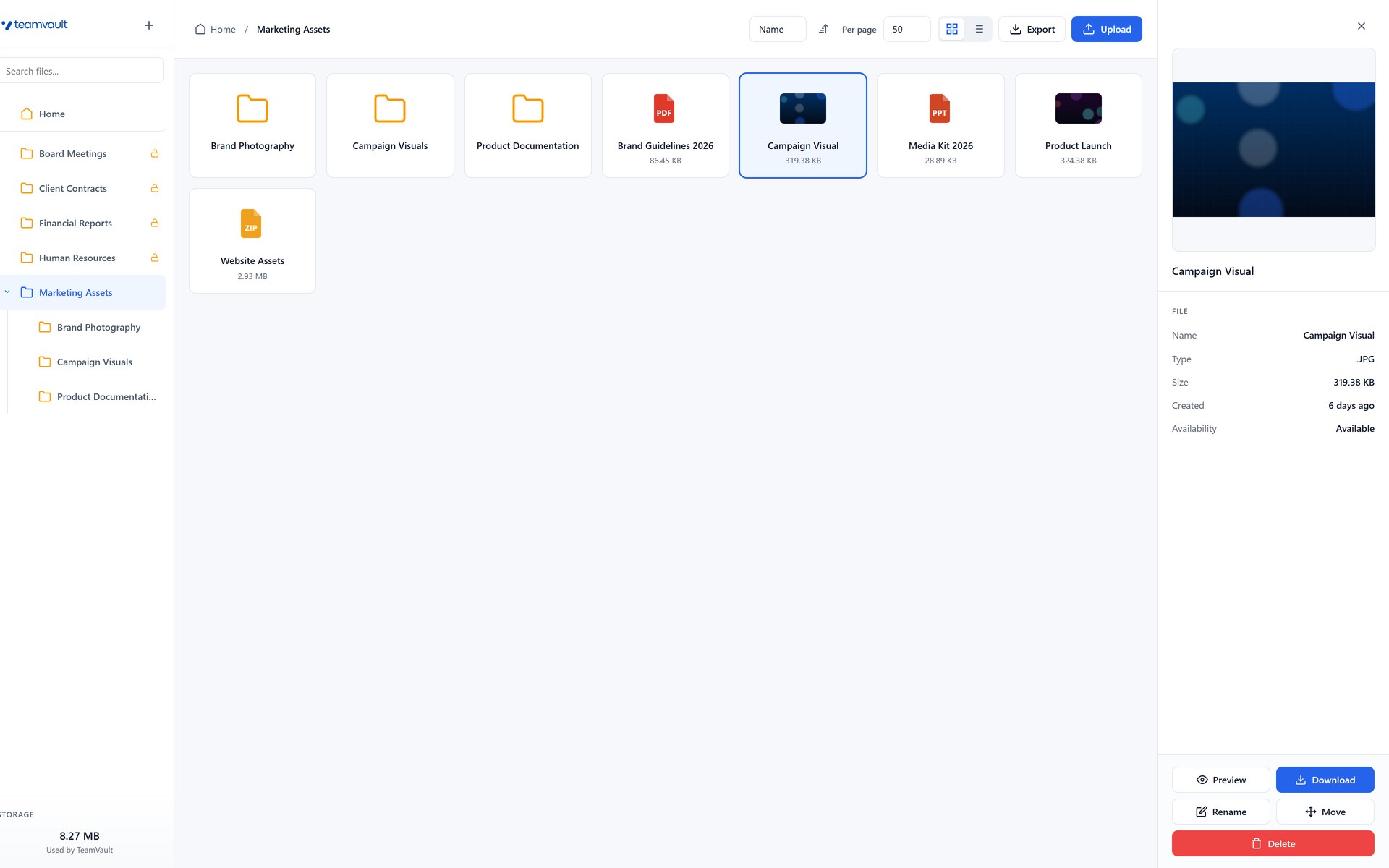 File manager: folder tree, private file cards with type-aware icons and image thumbnails, and the details panel with inline preview.