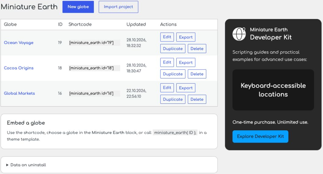 Manage saved globes, copy shortcodes, and duplicate, import or export projects.