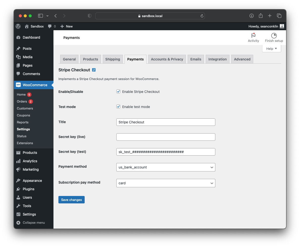Admin settings panel