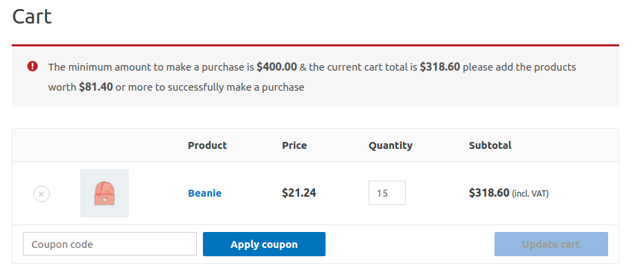 Cart message for Minimum order amount