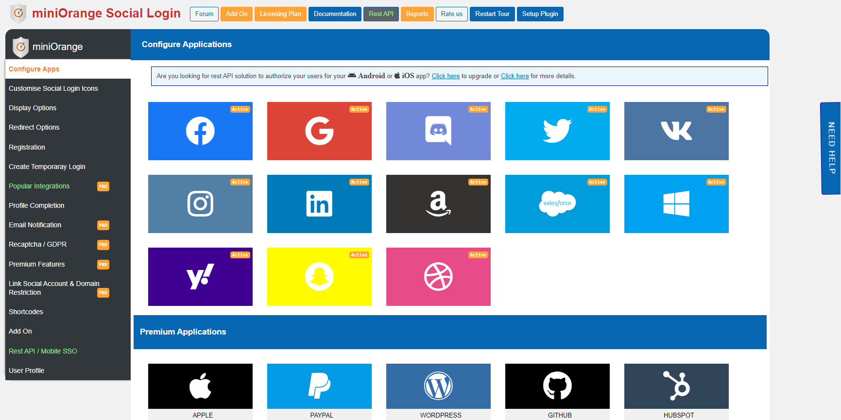 Social Login apps setup preview.