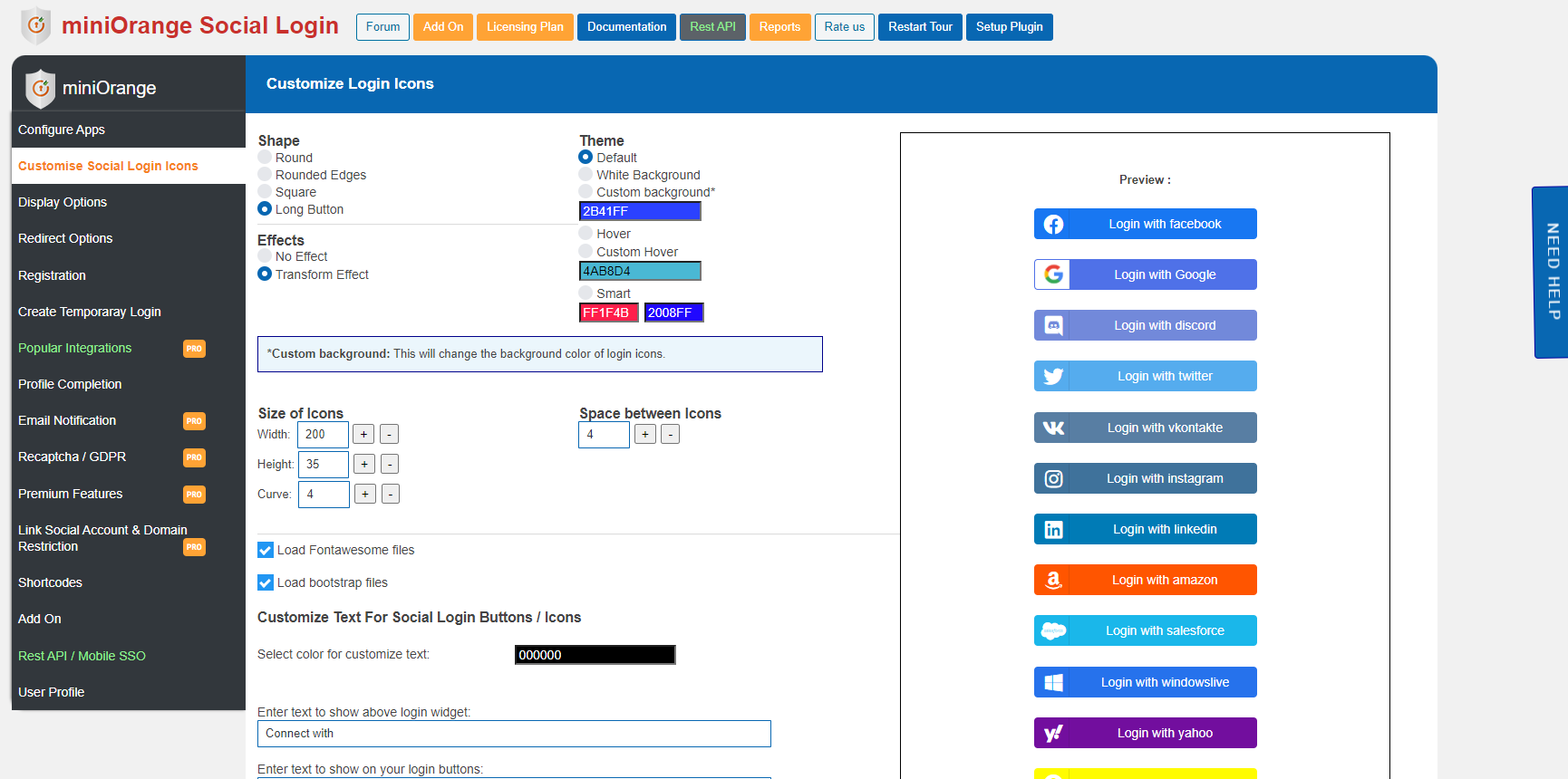 Social Login icon customization and preview.