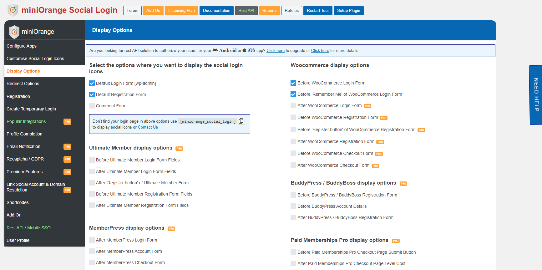 Social Login display Options.