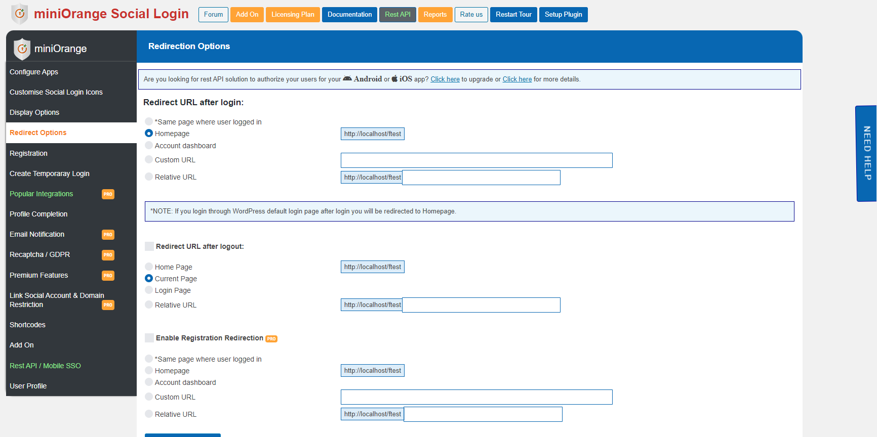 Social Login redirection options.