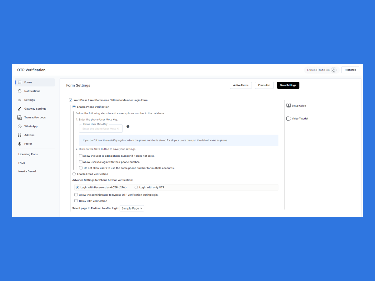 OTP Verification Form Settings - Login Form settings