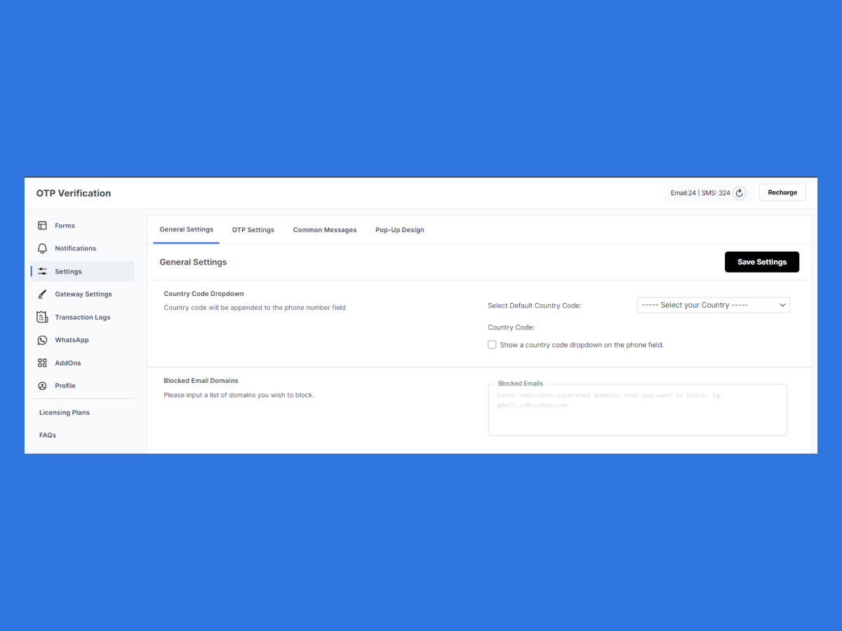 OTP Verification Plugin Settings