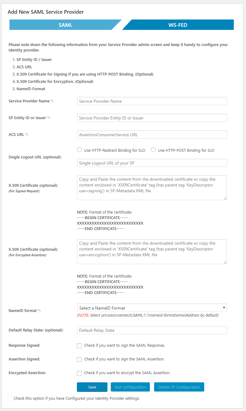 SAML Settings page