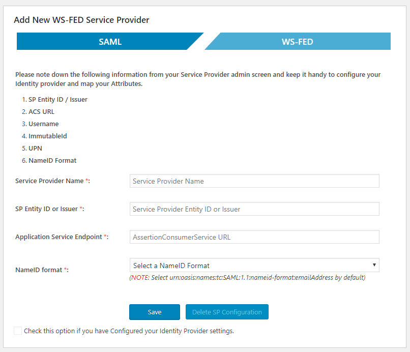 WSFED Settings Page