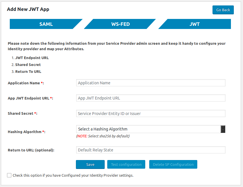 JWT Settings Page