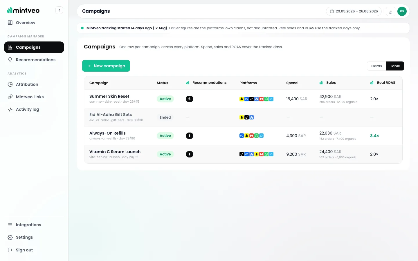 Campaigns in Mintveo: spend, real sales and real ROAS for each campaign, across every ad platform.