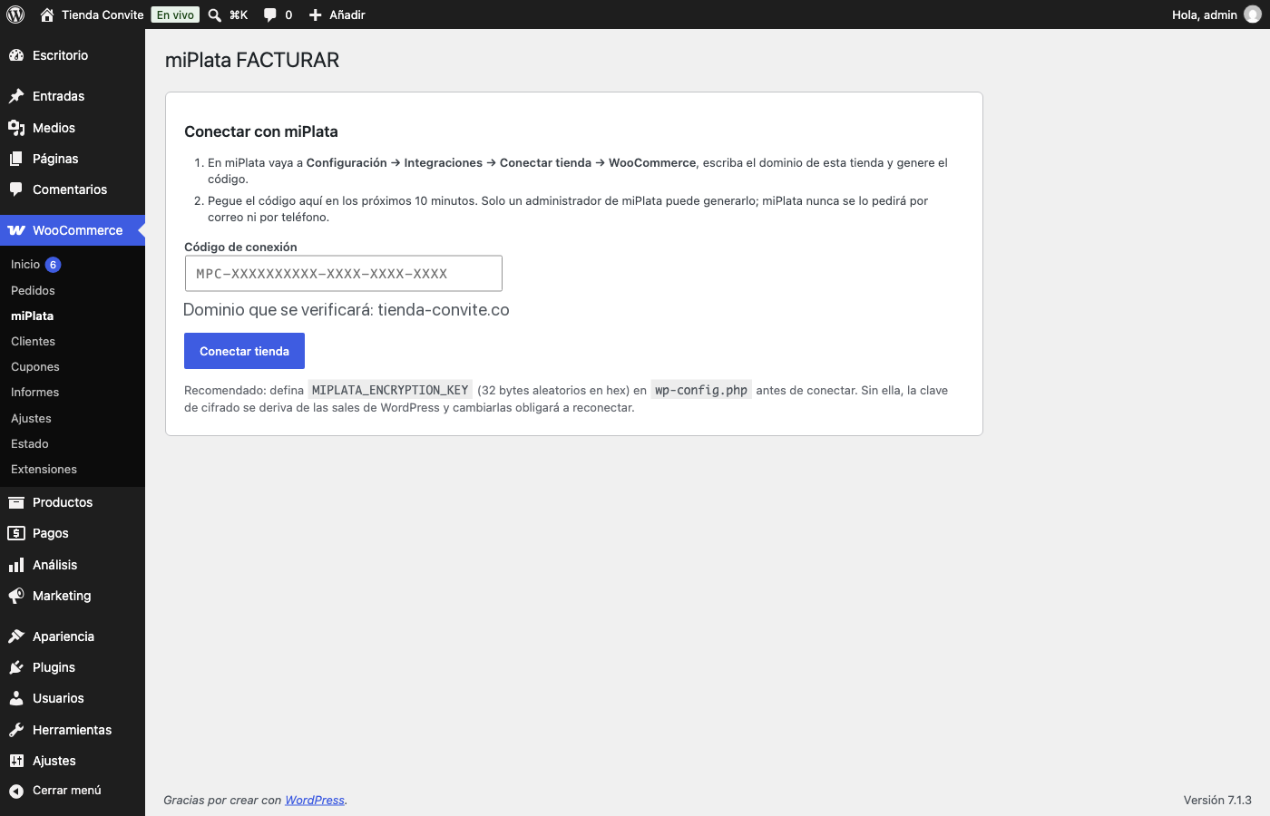 Conecte la tienda con un código de conexión de un solo uso generado en miPlata.