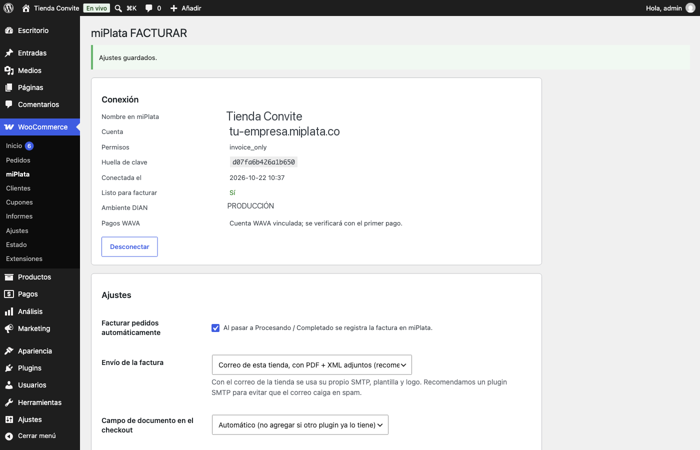 Connected store: account, permissions, DIAN environment and settings (tax classes → DIAN taxes).