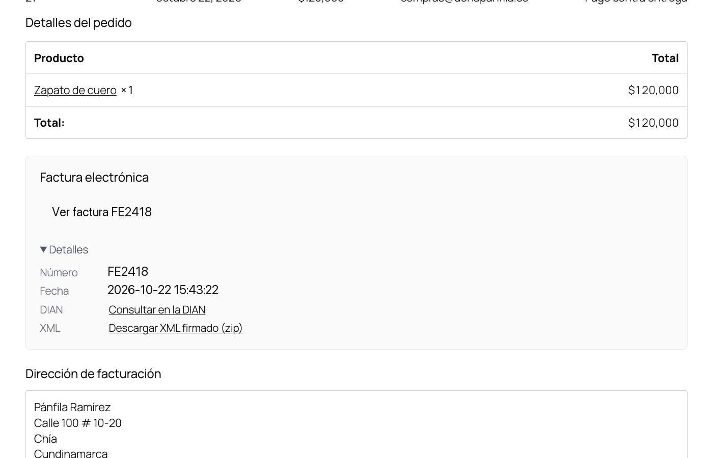 Order received: the buyer opens the electronic invoice (PDF), the signed XML and the DIAN lookup.