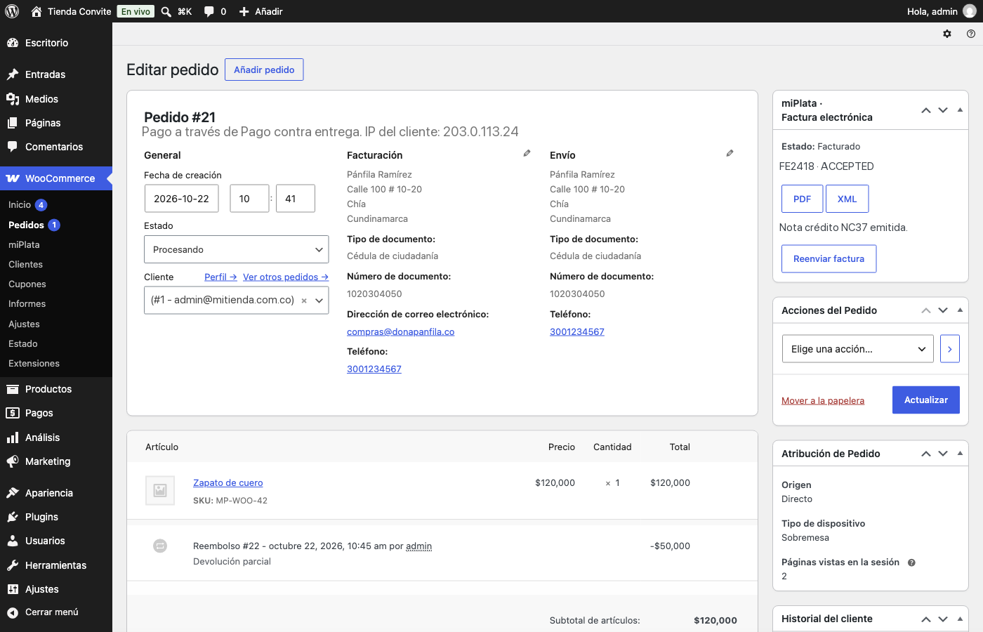 Order screen: invoice number, DIAN status, CUFE, PDF/XML and the credit note issued for a refund.