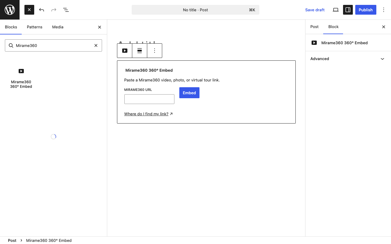 The Mirame360 block placeholder in the block editor.