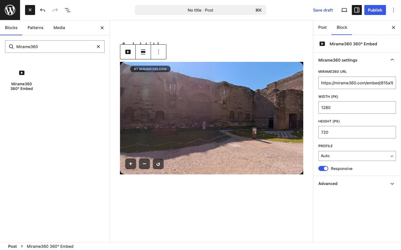Live 360° preview in the editor with the block settings sidebar open.
