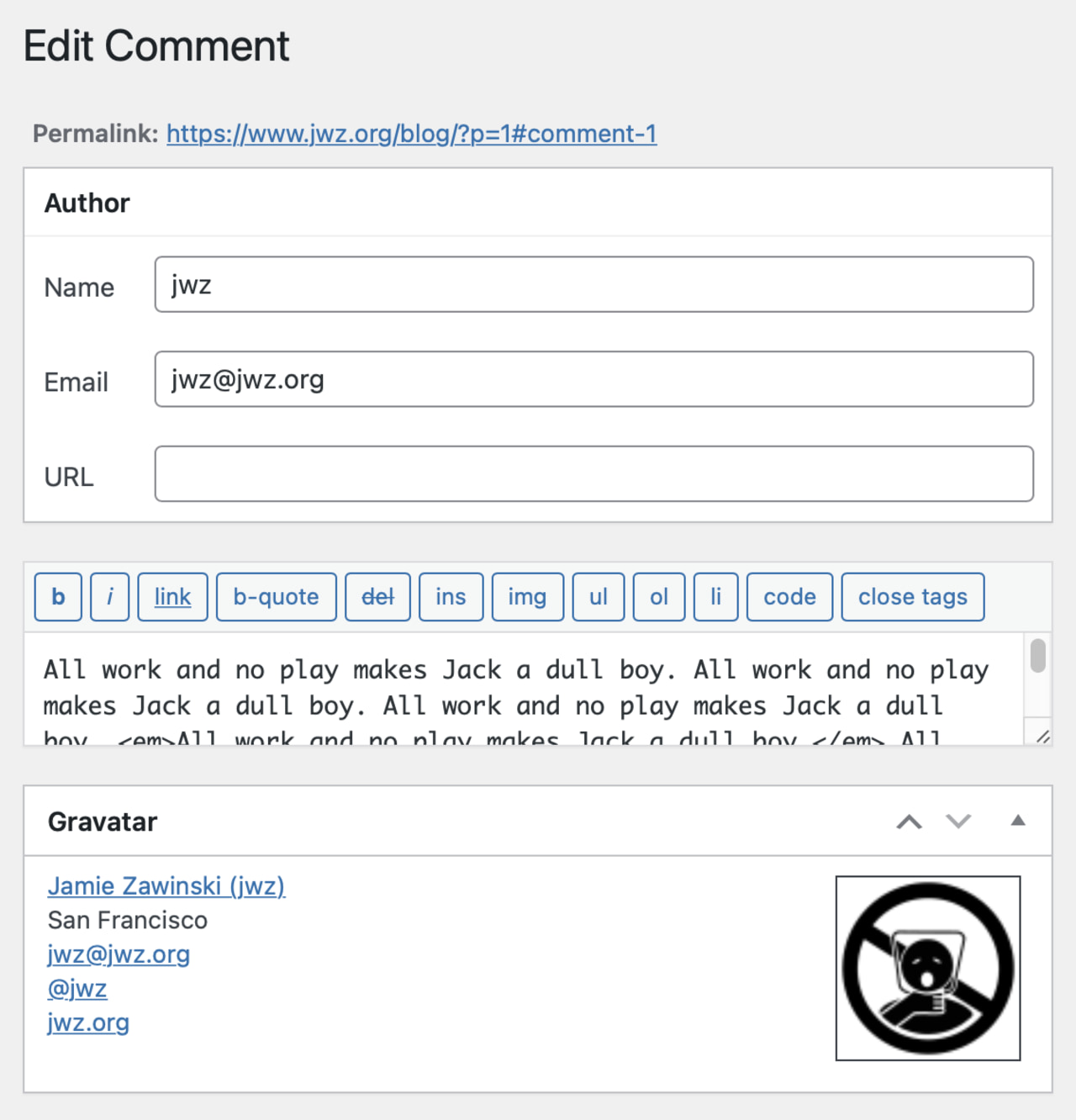 A copy of the user's gravatar.com profile is saved with the comment.