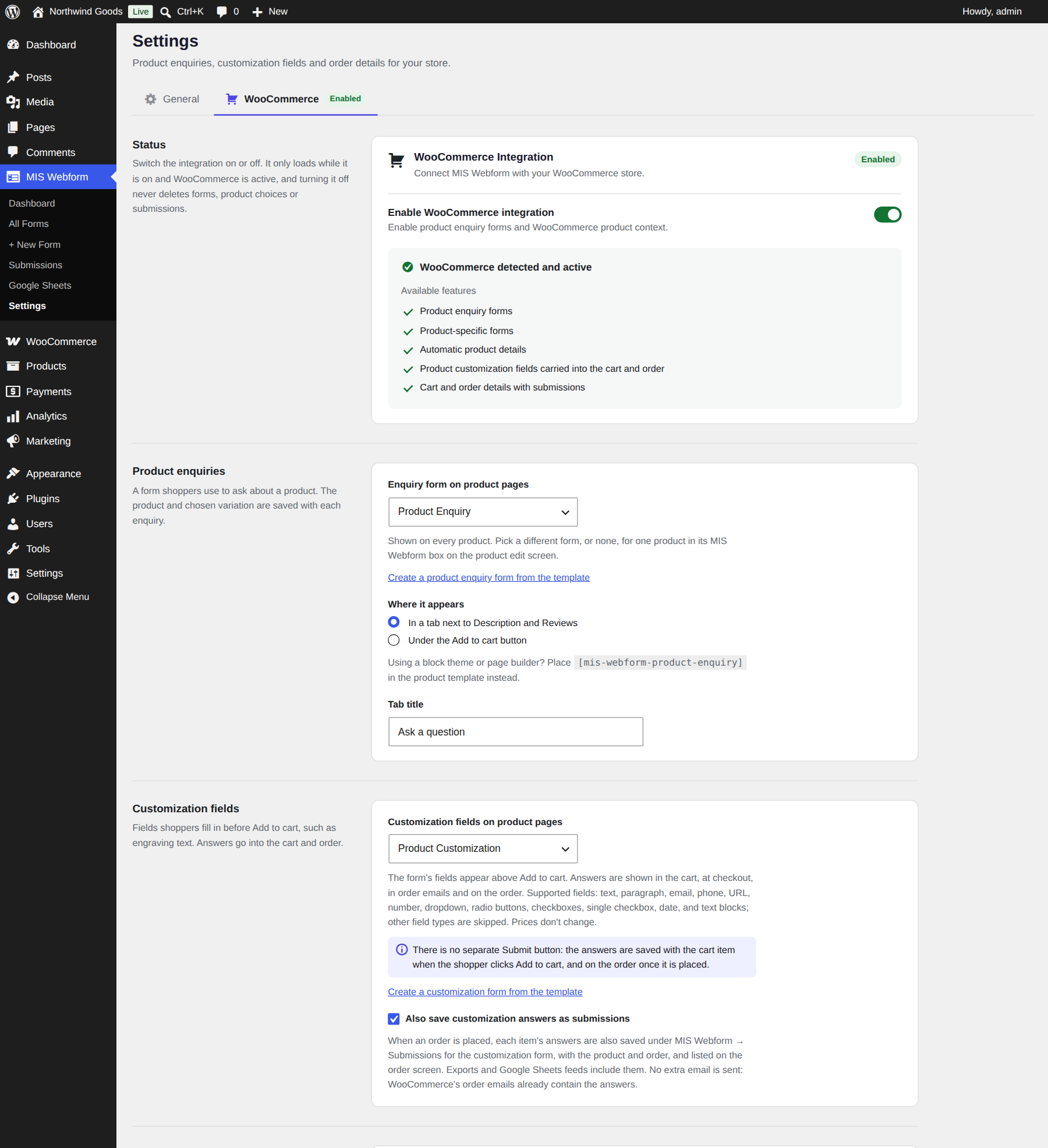 WooCommerce settings: turn the integration on and choose the enquiry, customization and order-page forms.