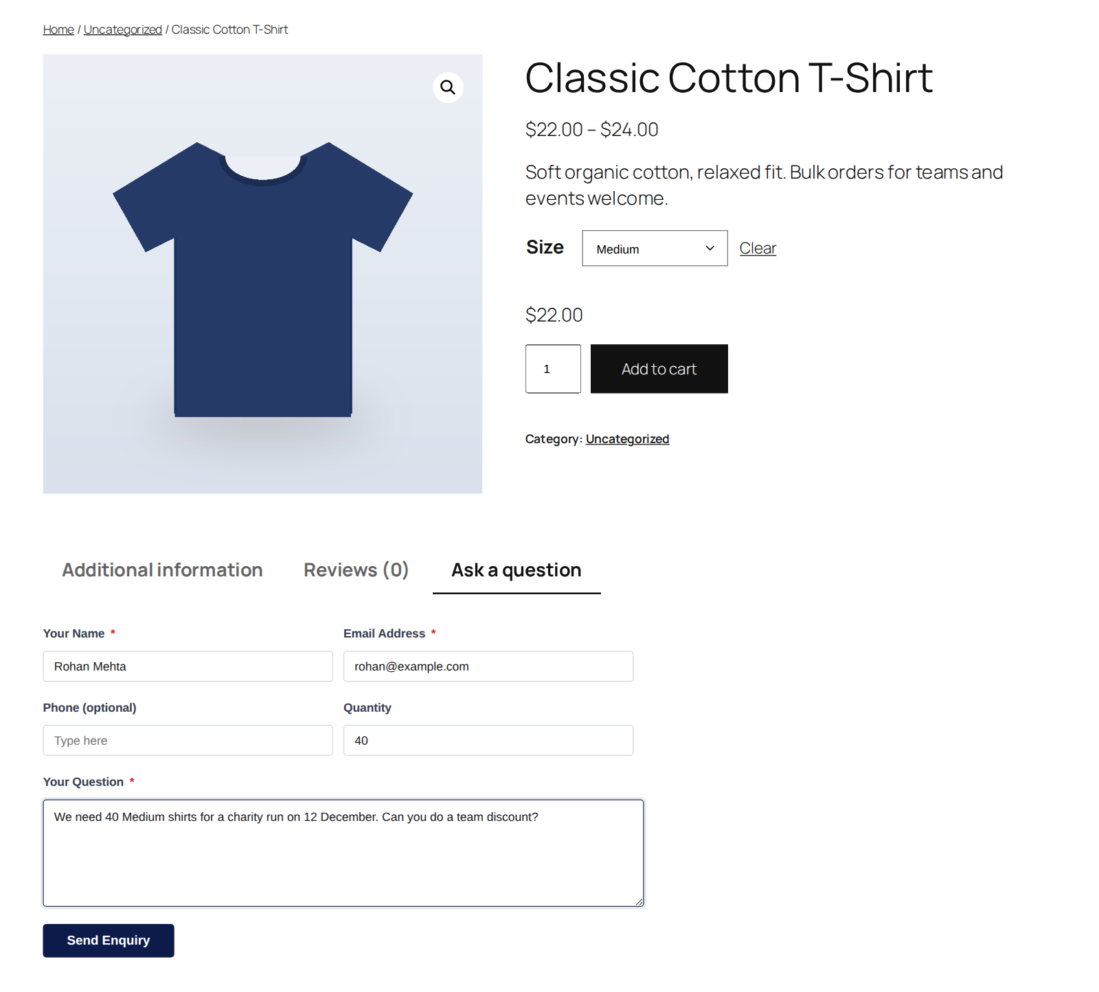 A product enquiry form in a product tab. The product and chosen variation are saved with each enquiry.