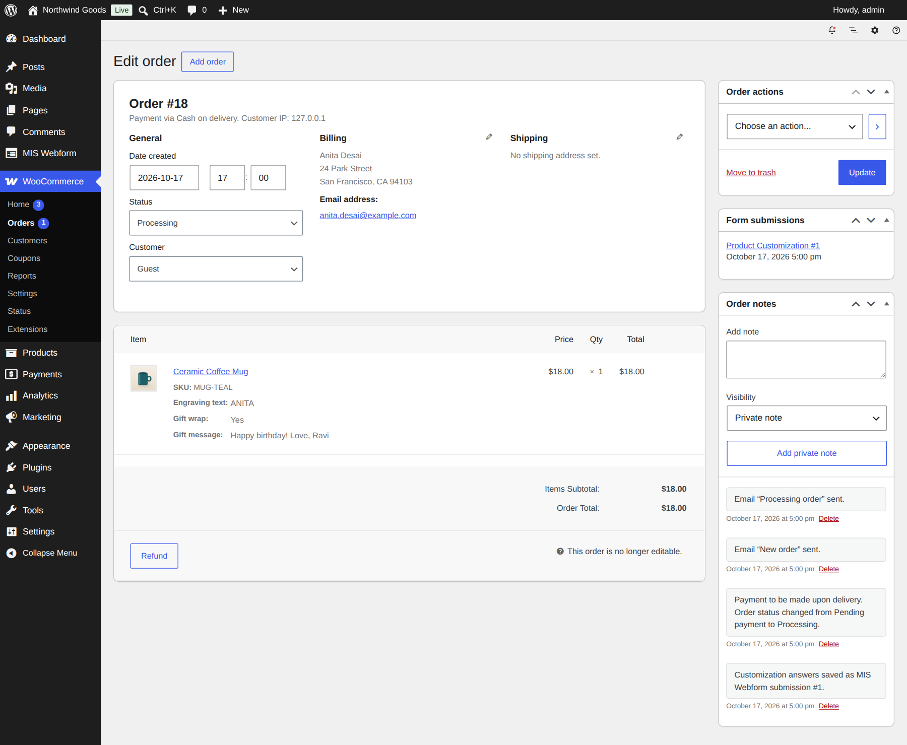 The order screen with the customer's customization answers and the linked form submissions.