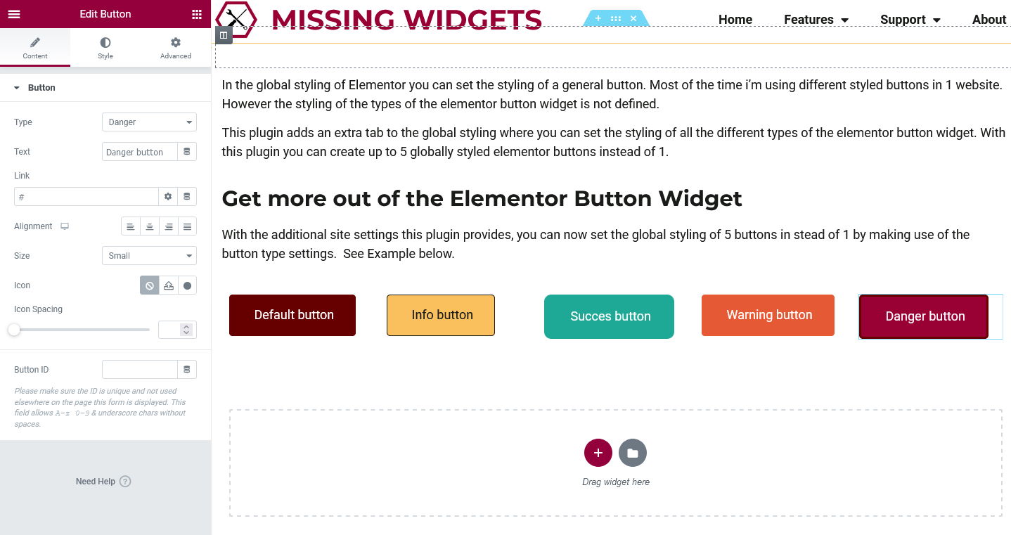 <strong>Multiple global styled buttons.</strong> Extend the Elementor Button Widget to 5 globally styled elementor buttons instead of 1.