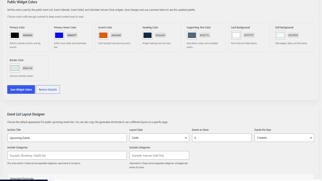 Widgets & Shortcodes area for frontend page connections, widget colors, shortcode copying, and template references.