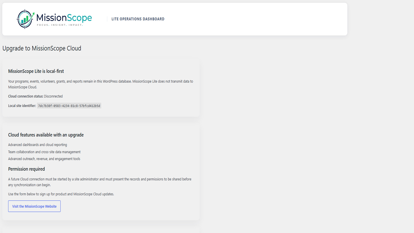 Upgrade to MissionScope Cloud page explaining local-first storage and future Cloud options.