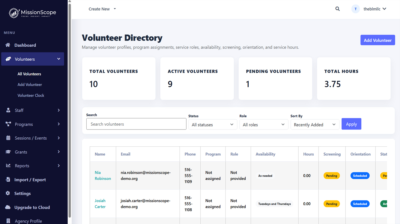 Volunteer Directory with volunteer status, availability, screening, orientation, and service hours.