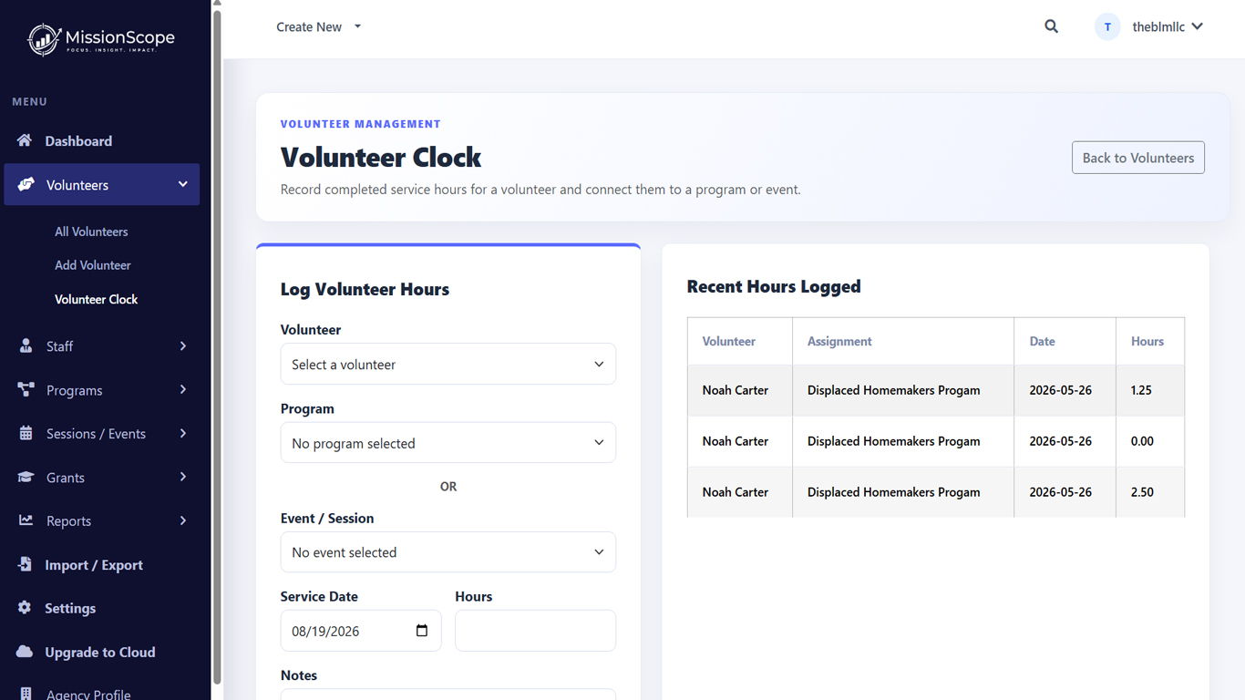 Volunteer Clock for logging local service hours.