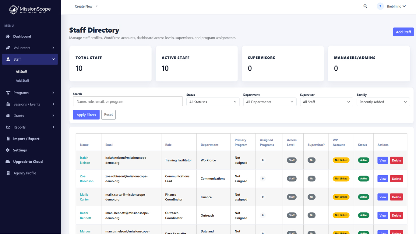 Staff Directory with staff roles, departments, supervisors, and access levels.