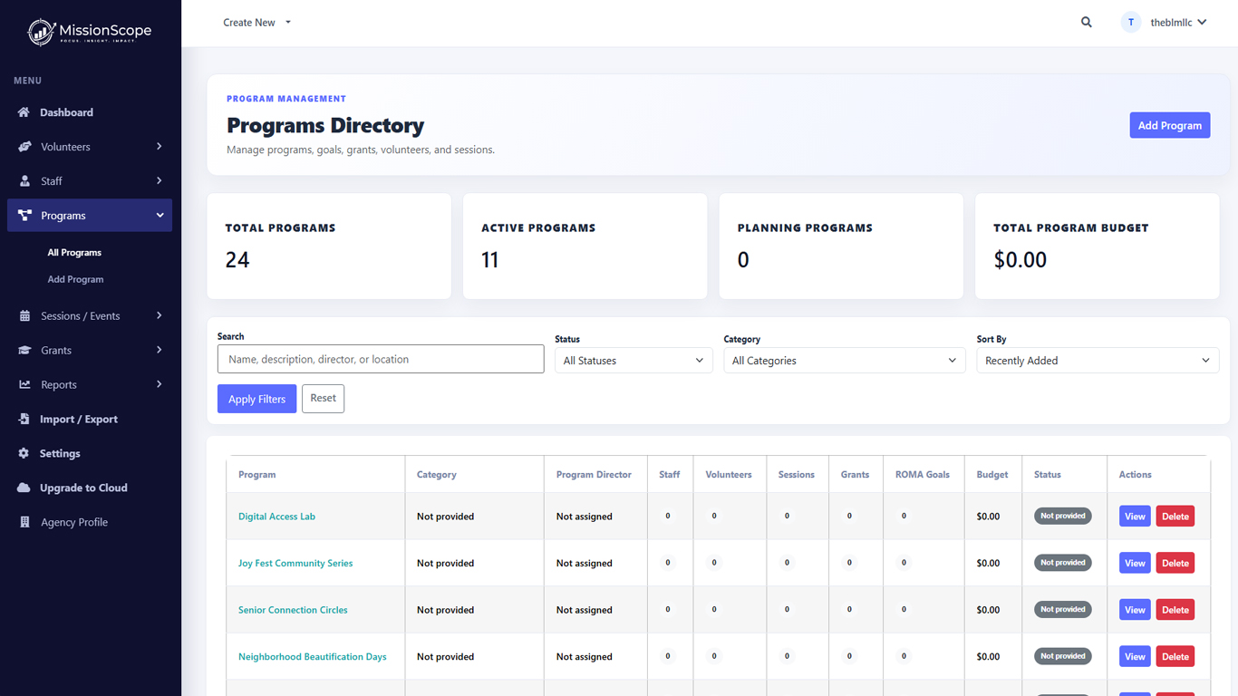 Programs Directory with program records, categories, directors, staff, volunteers, sessions, grants, goals, and budget fields.