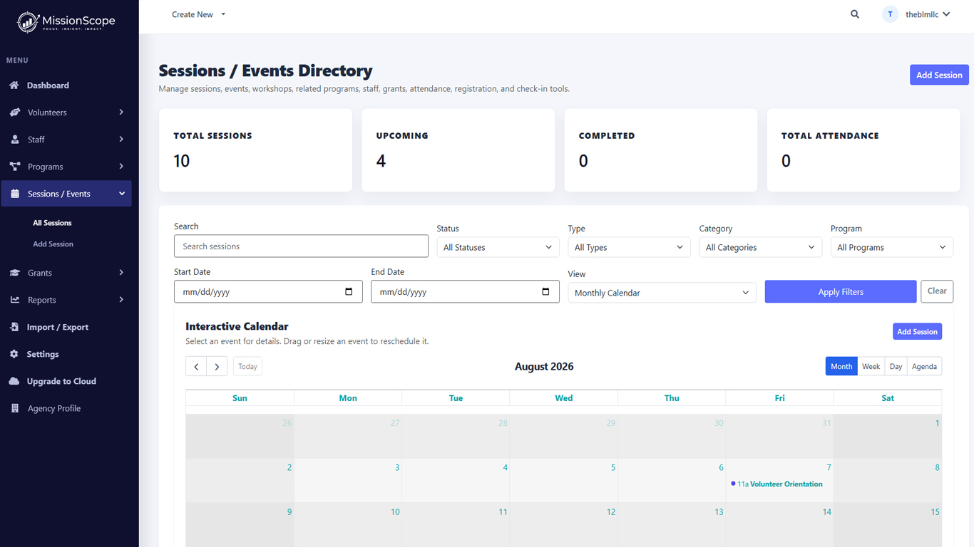 Sessions / Events Directory with calendar view, filters, event list, capacity, registration status, and check-in status.