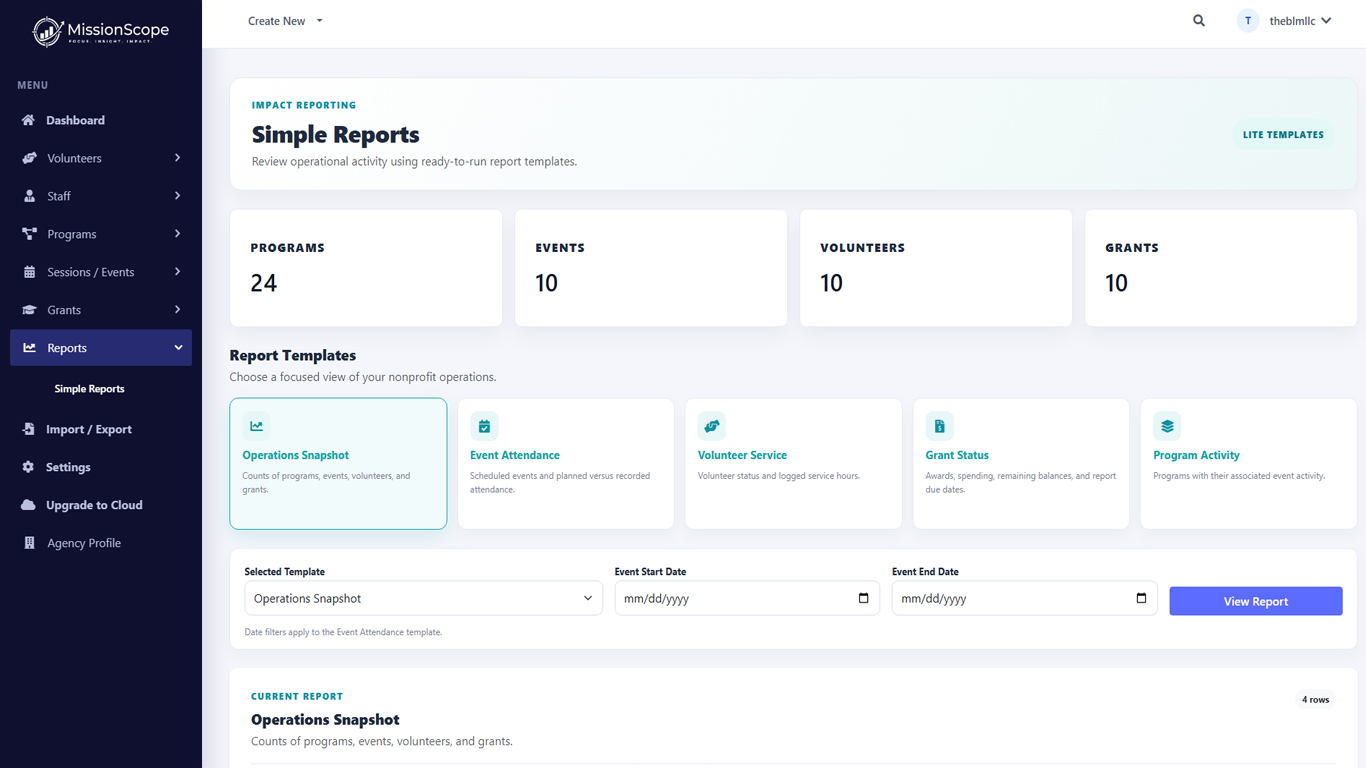 Simple Reports with predefined Lite report templates.