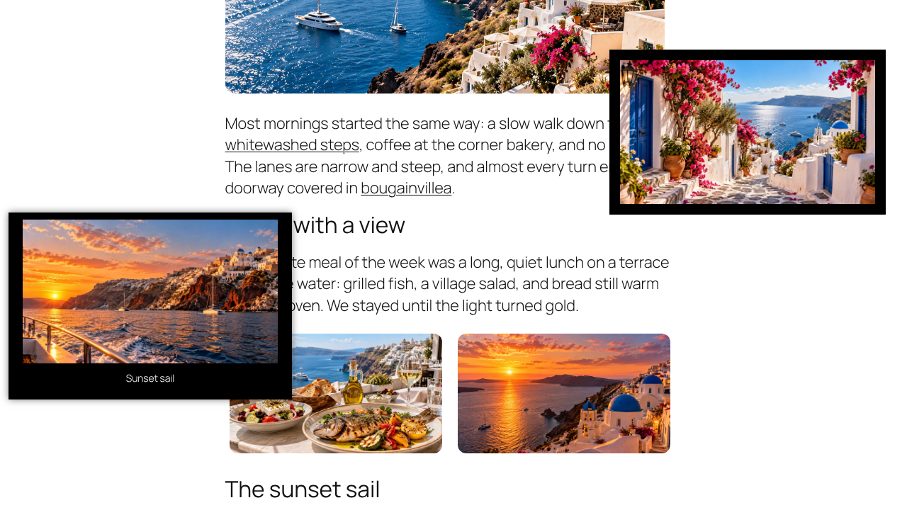 Example travel blog: a photo and a video float as you read.
