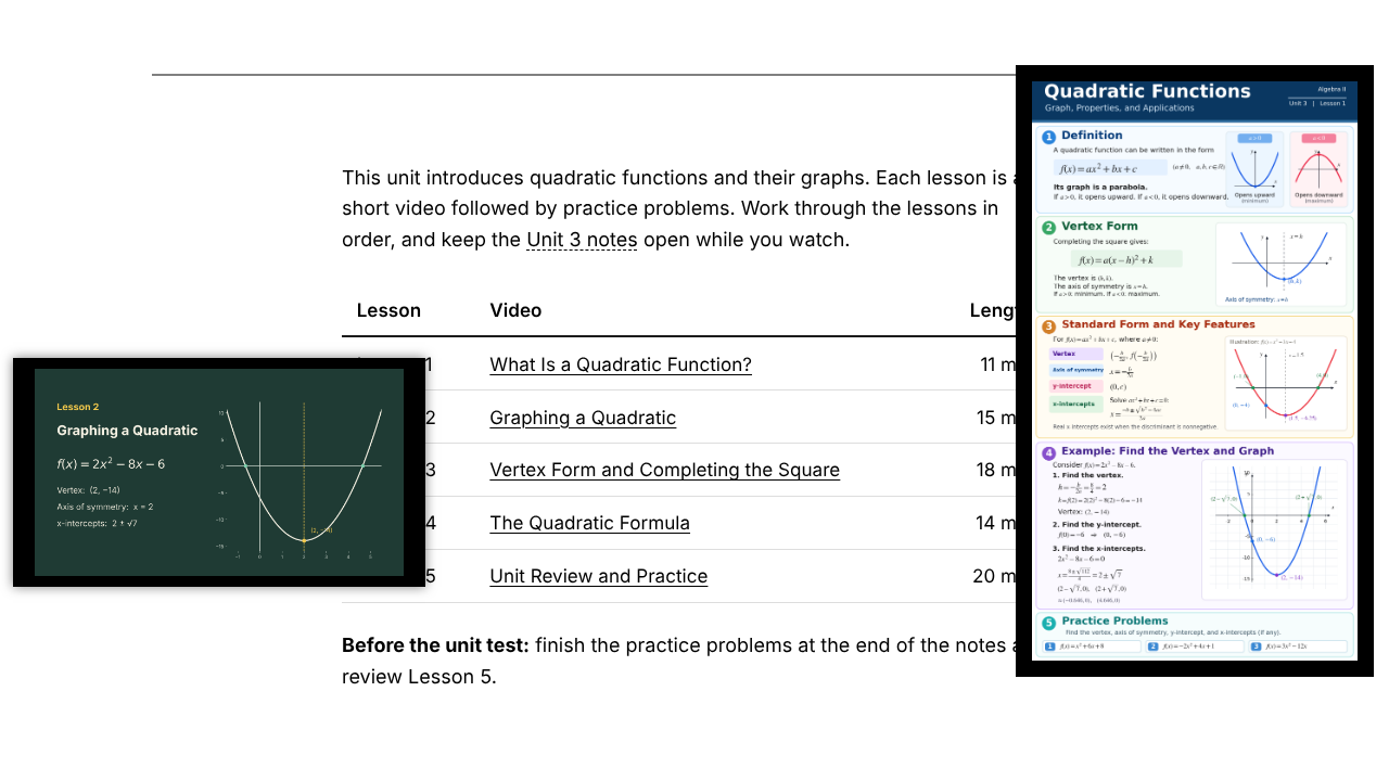 Example course page: a lesson video and notes float side by side.