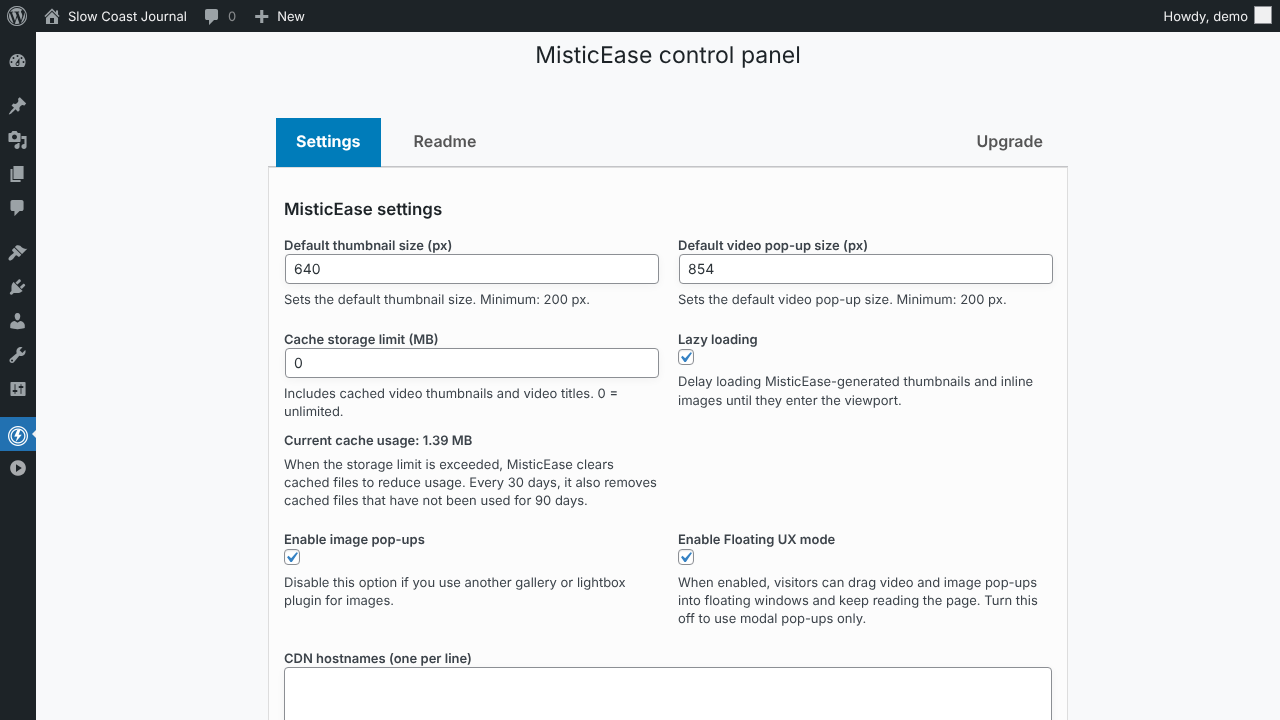 MisticEase settings panel.