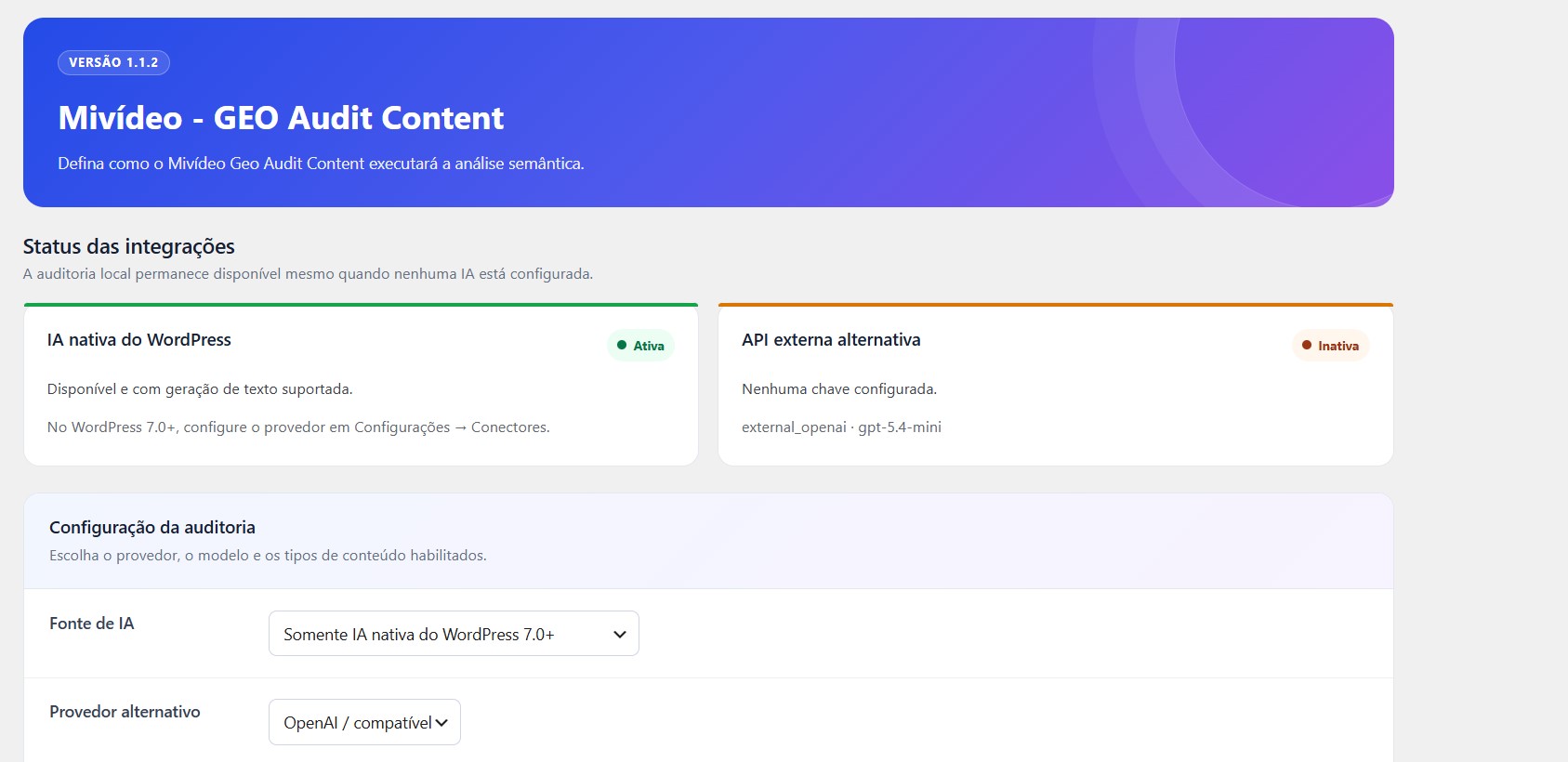 Artificial intelligence integration options for local, native WordPress, and external provider analysis.