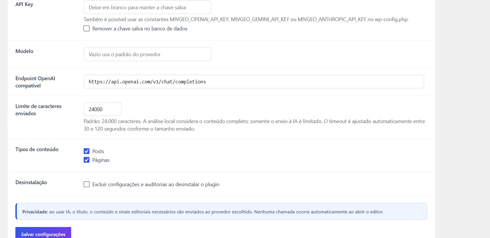 Plugin settings for selecting content types, audit behavior, and analysis preferences.