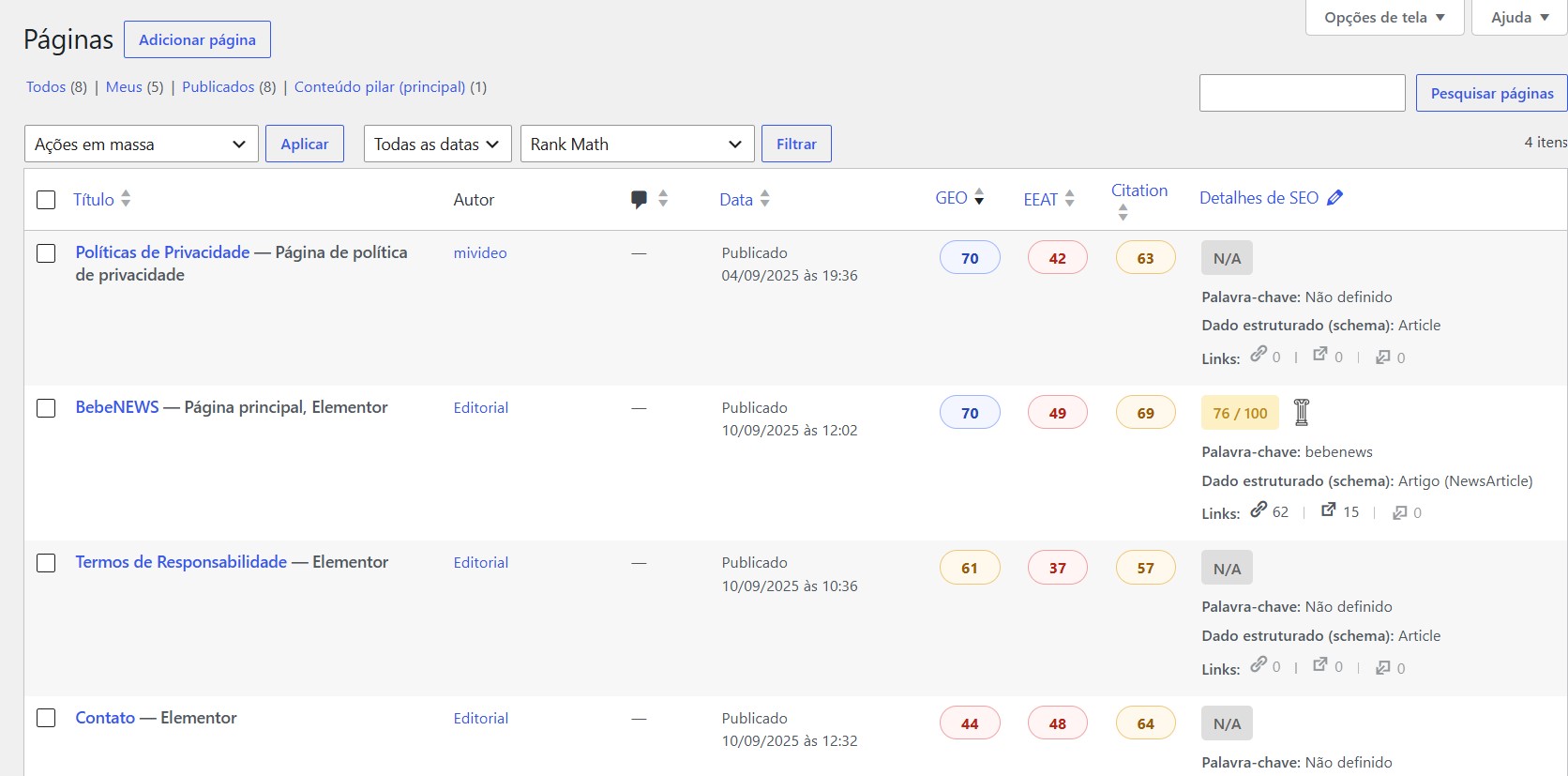 GEO, EEAT, and Citation scores displayed in the WordPress Pages screen.