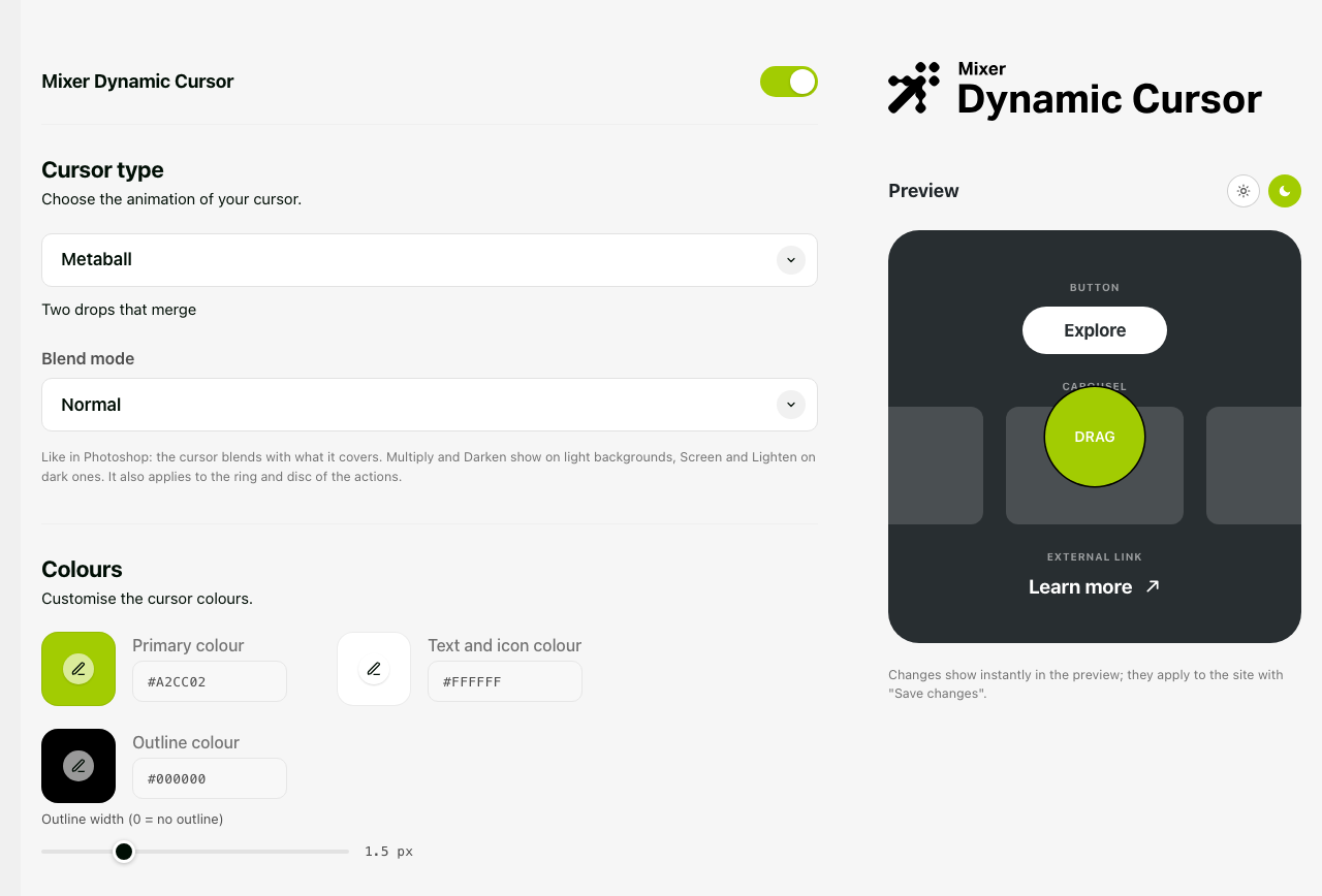 The settings page: cursor type, blend mode, colours and actions, with the live preview.