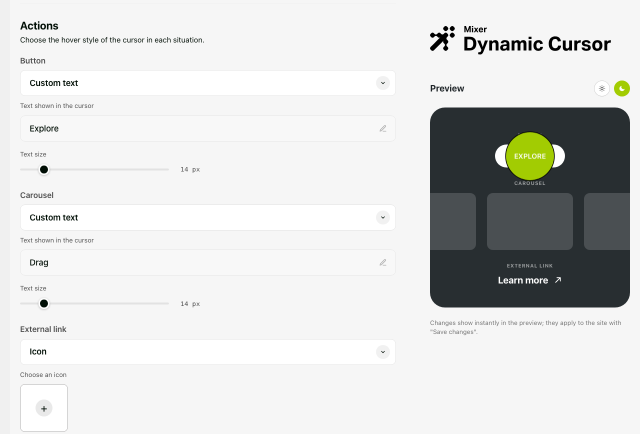 Actions in detail: ring, icon or text for buttons, carousels and external links.