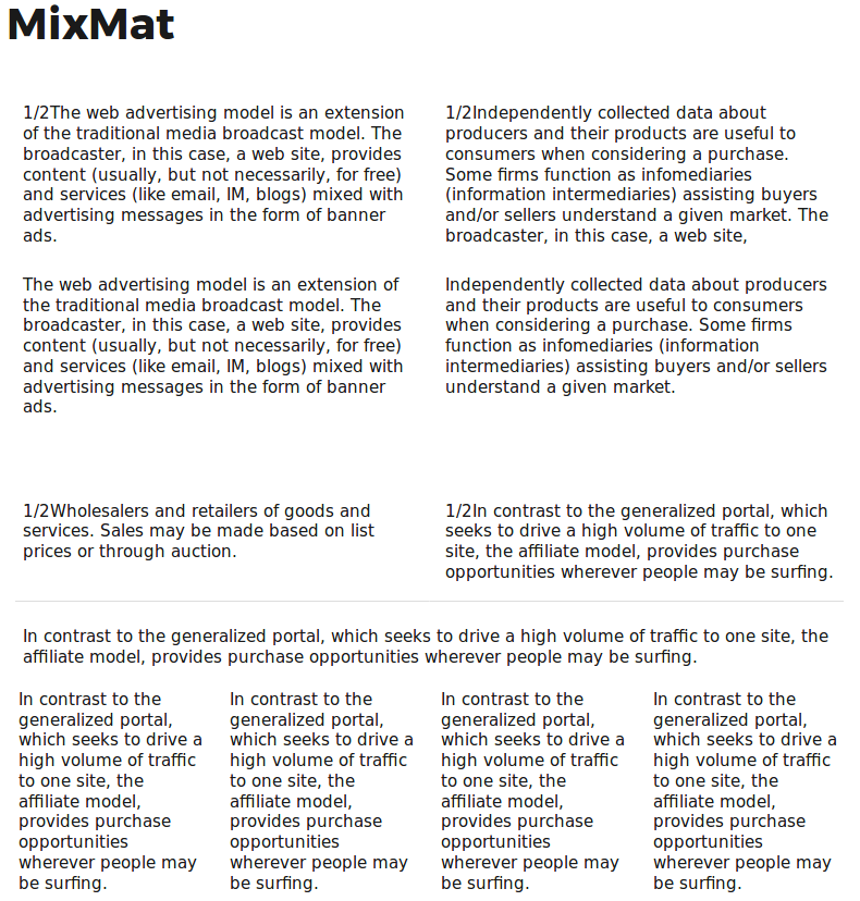 Page with Mixmat sections and a blank divider
