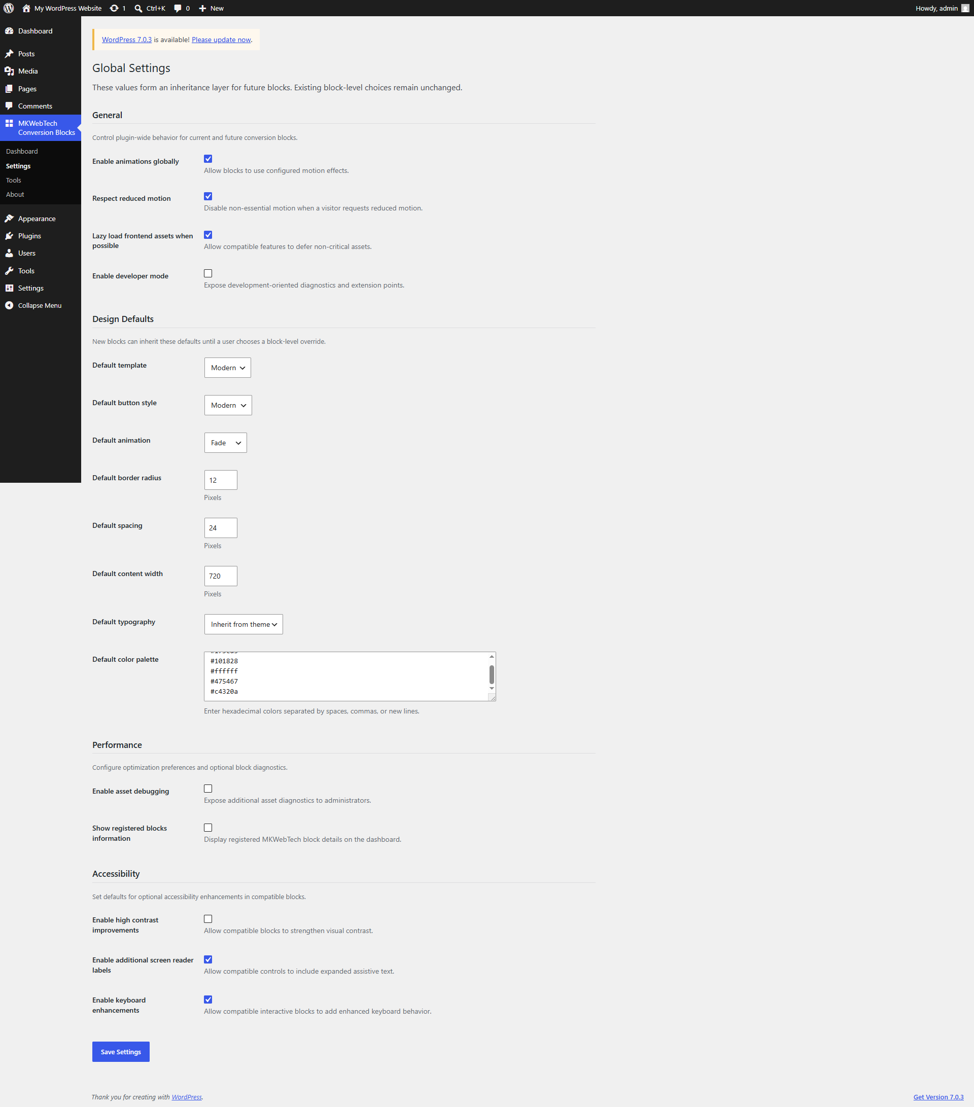 Conversion Blocks Basic Settings Page.