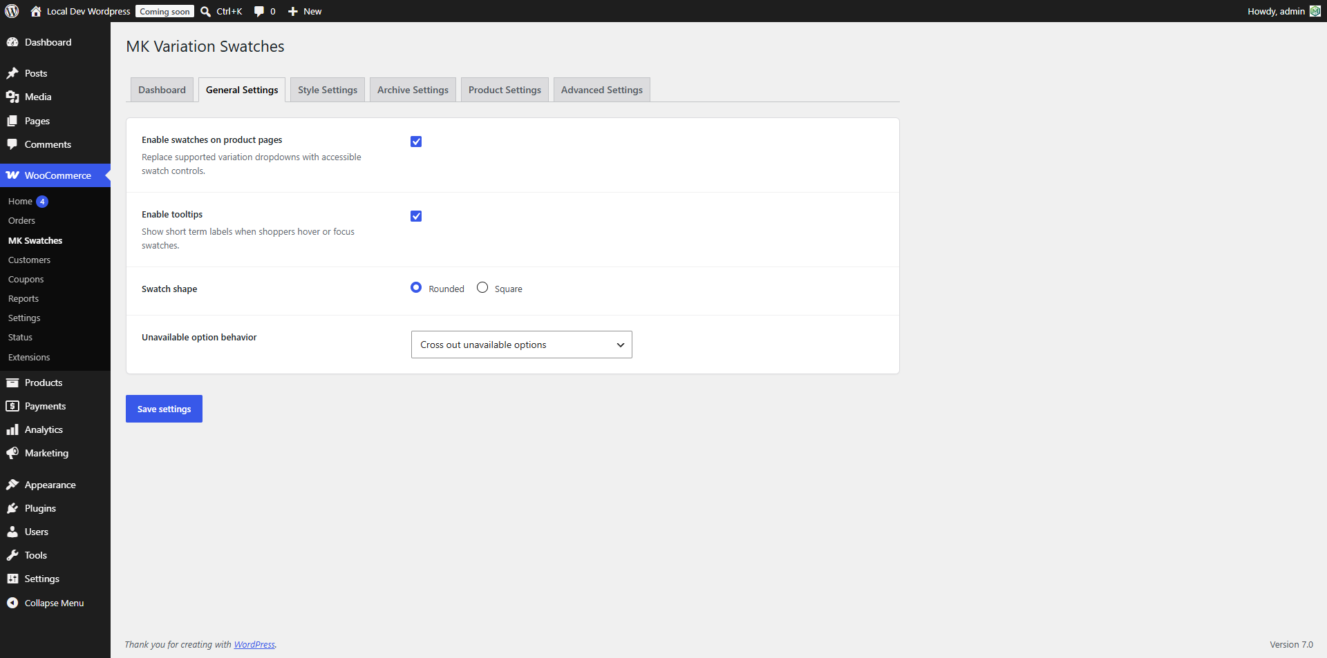 General settings.