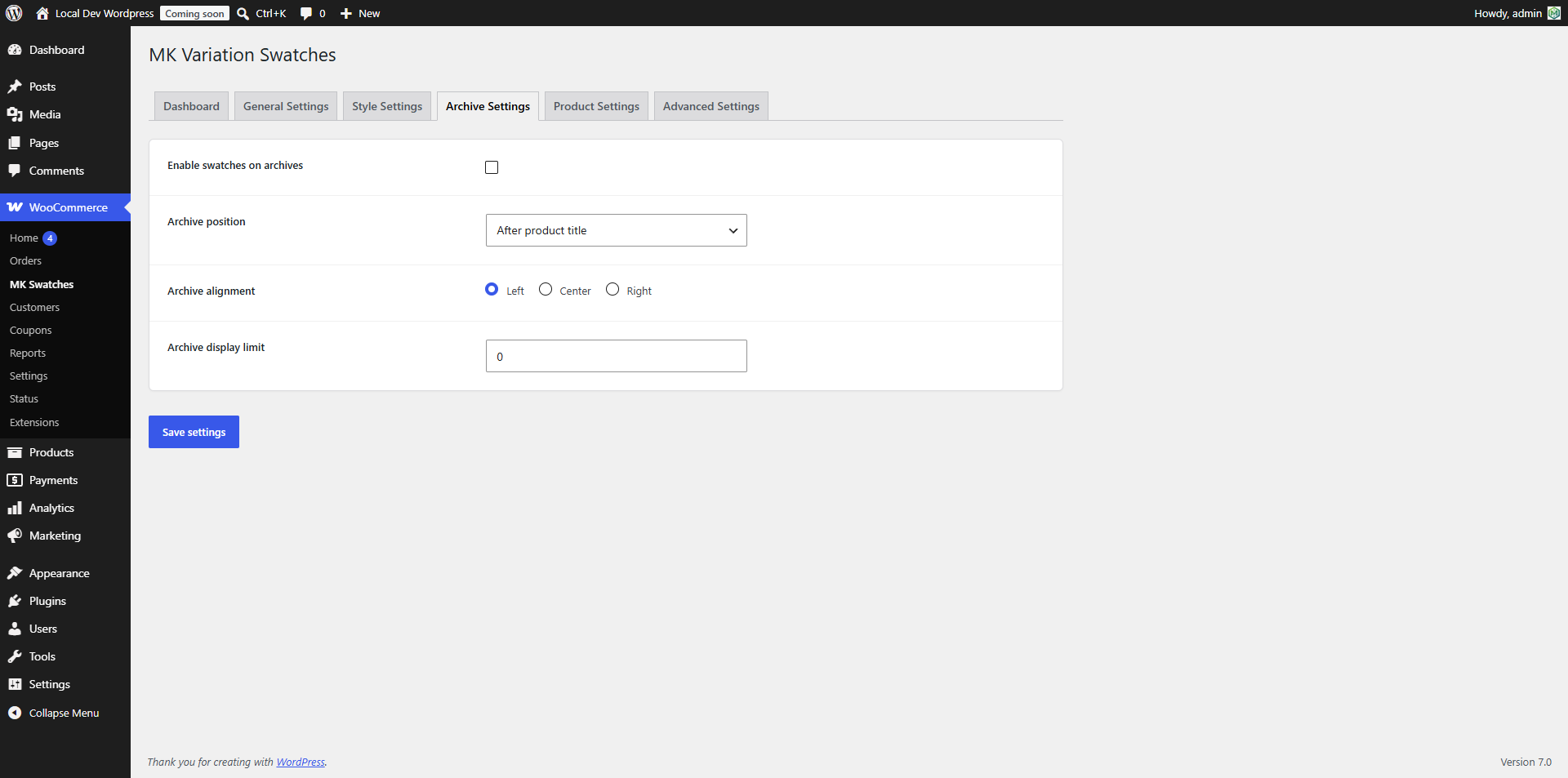 Shop and archive page settings.