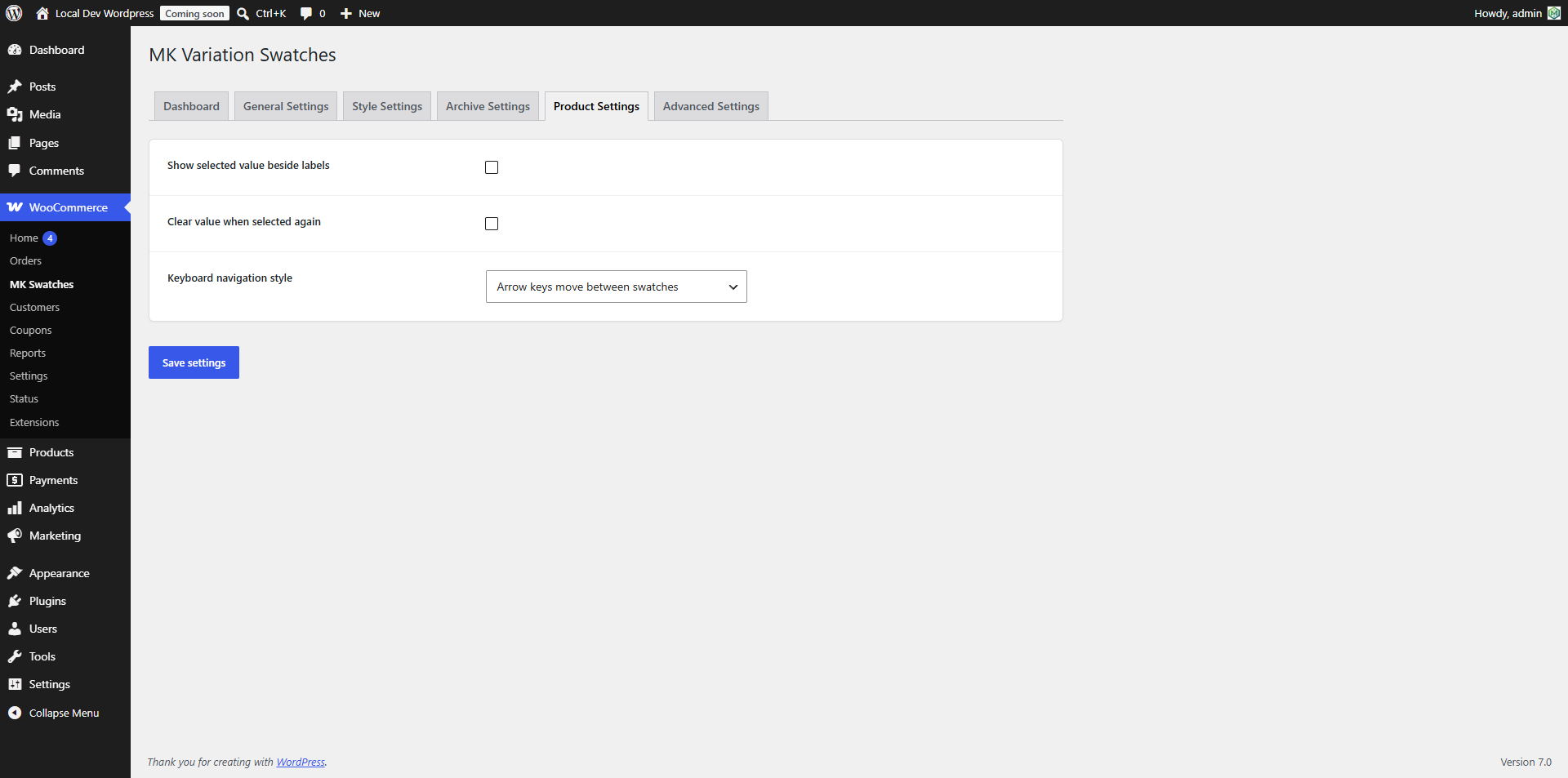 Single product page settings.