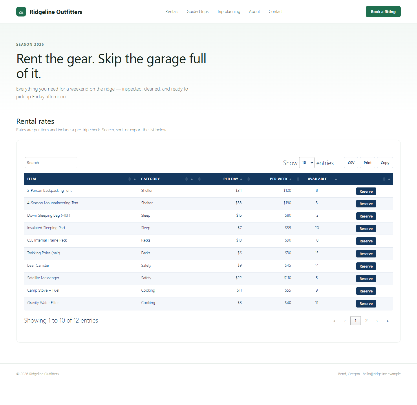 Clean, responsive front-end tables with instant search, sorting, pagination, and CSV / Print / Copy tools.