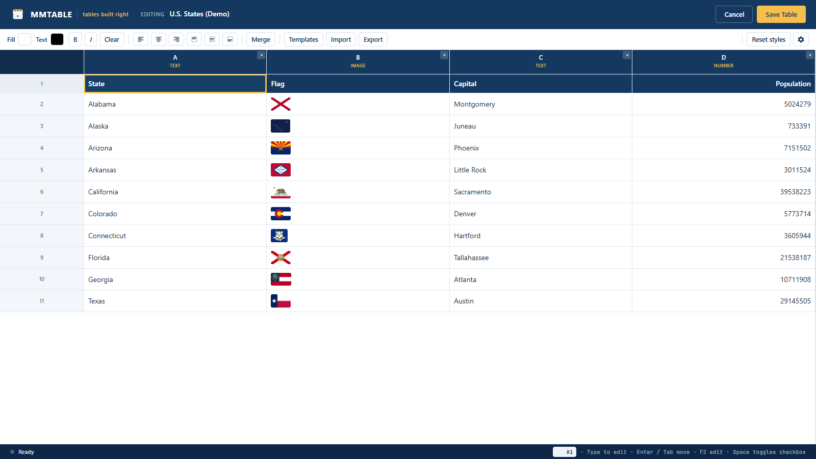 A fast, spreadsheet-style editor with typed columns - text, numbers, and inline images.