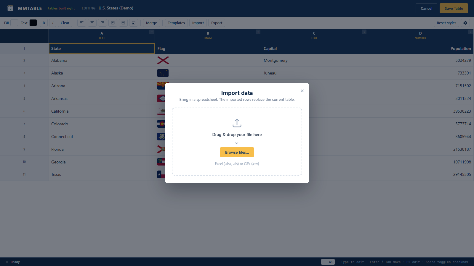 Import your data straight from Excel (.xlsx) or CSV - drag and drop or browse.