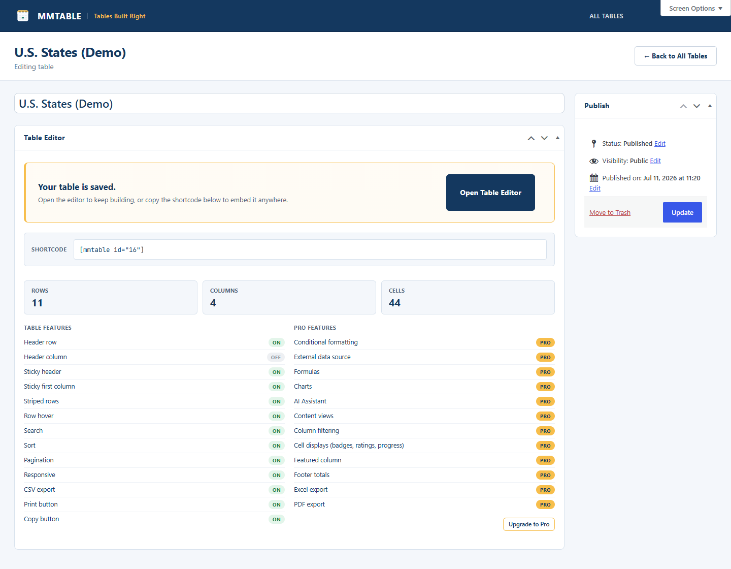 Toggle features per table and embed anywhere with a shortcode or page-builder block.